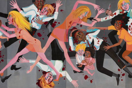 Faith Ringgold. American People Series #20: Die. 1967. Oil on canvas, two panels, 72 × 144" (182.9 × 365.8 cm). Acquired through the generosity of The Modern Women's Fund, Ronnie F. Heyman, Glenn and Eva Dubin, Lonti Ebers, Michael S. Ovitz, Daniel and Brett Sundheim, and Gary and Karen Winnick