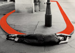 VALIE EXPORT (Austrian, born 1940). Encirclement from the series Body Configurations. 1976.  Gelatin silver print with red ink, 14 x 23 7/16". The Museum of Modern Art, New York. Carl Jacobs Fund. © 2020 VALIE EXPORT / Artists Rights Society (ARS), New York / VBK, Austria