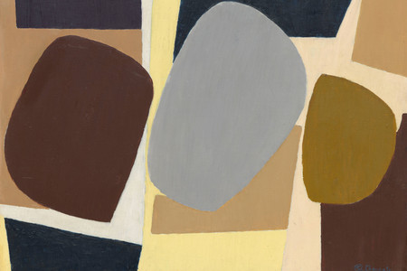 Saloua Raouda Choucair. Composition with Pebbles. 1959. Oil on panel, 13 1/2 × 17 1/4" (34.3 × 43.8 cm). The Riklis Collection of McCrory Corporation (by exchange)