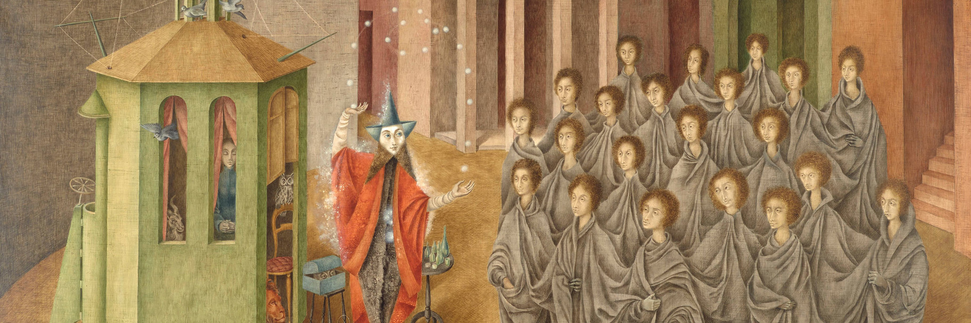 Remedios Varo. The Juggler (The Magician). 1956. Oil and inlaid mother of pearl on board, 35 13/16 × 48 1/16" (91 × 122 cm). Gift of Joan H. Tisch (by exchange)