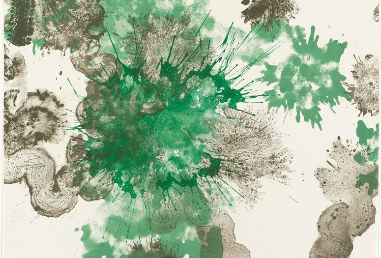 Ruth Asawa. Spring. 1965. Lithograph. Tamarind Lithography Workshop, Inc., Los Angeles. Gift of Kleiner, Bell &amp; Co. © Estate of Ruth Asawa Alt Text: A landscape-oriented lithograph with swaths of watery leaf green and mud brown ink snaking around the page. Large splatters of the green and brown inks mix in the middle.
