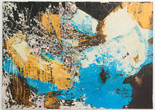 Image: Mark Bradford. Let's Walk to the Middle of the Ocean. 2015. Paper, acrylic paint, and acrylic varnish on canvas. Anonymous gift Alt Text: A large-scale landscape-oriented mixed media artwork, with an abstract clash of sky blue, muted gold, black, and white shapes extending to the edges of the canvas. Torn paper and splashed paint are layered on top of each other, with some areas defined in pale pink and mud gray paint. On the left side of the composition, there are carved lines emanating from various areas like cracked glass or a map of a city center.