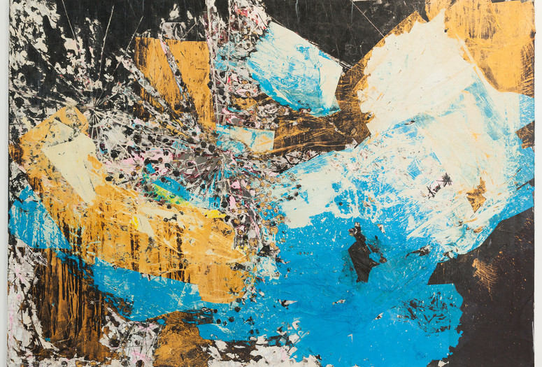 Image: Mark Bradford. Let's Walk to the Middle of the Ocean. 2015. Paper, acrylic paint, and acrylic varnish on canvas. Anonymous gift Alt Text: A large-scale landscape-oriented mixed media artwork, with an abstract clash of sky blue, muted gold, black, and white shapes extending to the edges of the canvas. Torn paper and splashed paint are layered on top of each other, with some areas defined in pale pink and mud gray paint. On the left side of the composition, there are carved lines emanating from various areas like cracked glass or a map of a city center.