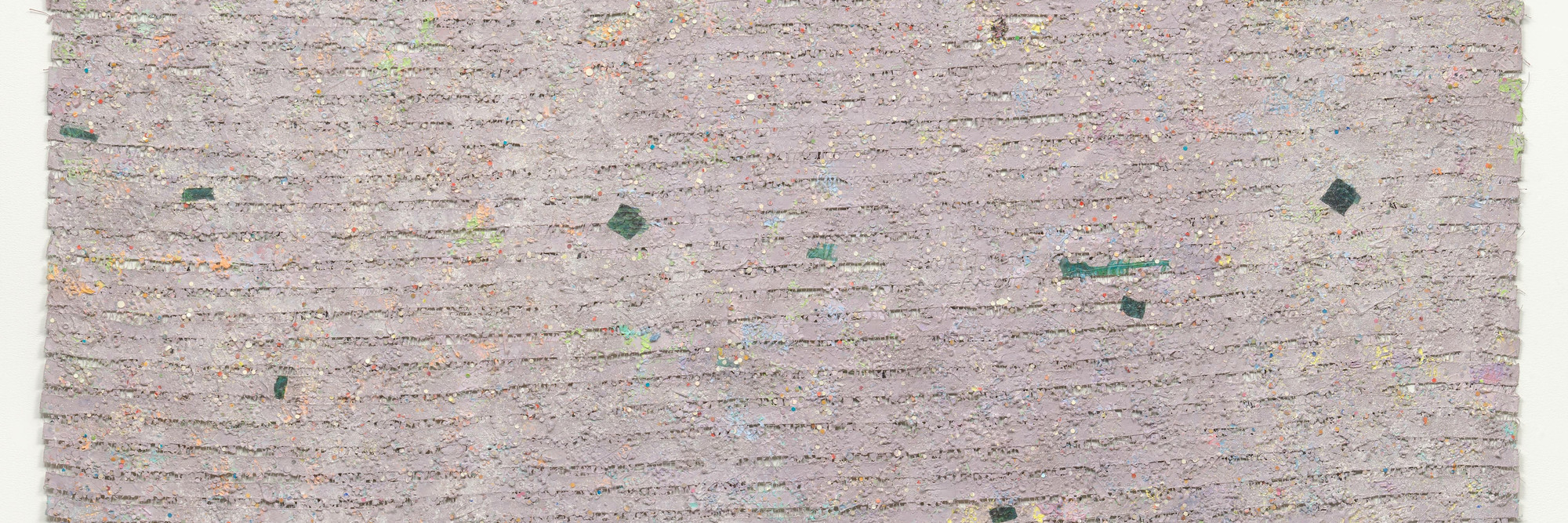 Howardena Pindell. Memory: Past. 1980–81. Acrylic, dye, paper, thread, tempera, photographic transfer, glitter, and powder on canvas, 126 × 84" (320 × 213.4 cm). Committee on Painting and Sculpture Funds and gift of The Friends of Education of The Museum of Modern Art. © 2021 Howardena Pindell. Courtesy of the artist and Garth Greenan Gallery, New York
