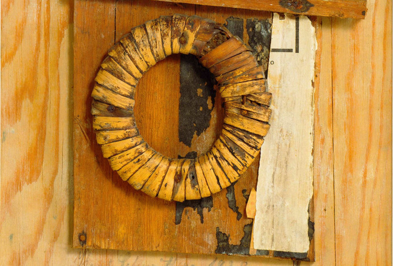 Kurt Schwitters. Untitled (Picture with Basket Ring). 1938. Wood, rattan ring, paper, iron, and steel nails on wood. 15 × 11 3/4″ (38.1 × 29.8 cm). The Riklis Collection of McCrory Corporation. © 2021 Artists Rights Society (ARS), New York/VG Bild‑Kunst, Bonn