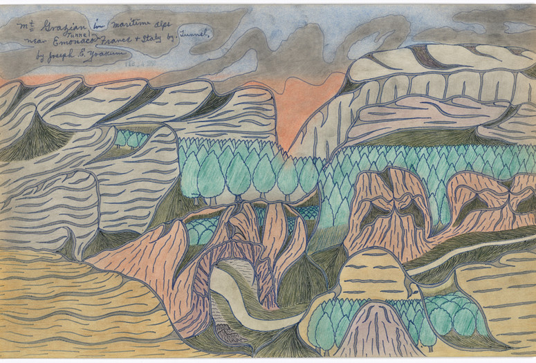 Joseph E. Yoakum. Mt Grazian in Maritime Alps near Emonaco Tunnel France and Italy by Tunnel. c. mid-1960s (stamped 1958). Black ballpoint pen, blue felt‑tip pen, and colored pencil on paper. Gift of the Raymond K. Yoshida Living Trust and Kohler Foundation, Inc. © 2021 Joseph E. Yoakum
