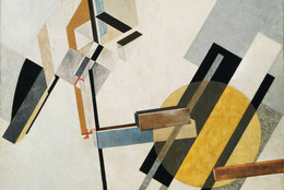 El Lissitzky. Proun 19D. 1921. Gesso, oil, collage of cut paper, cardboard, and silver paper on plywood, 38 3/8 x 38 1/4" (97.5 x 97.2 cm). Katherine S. Dreier Bequest. © 2021 Artists Rights Society (ARS), New York / VG Bild-Kunst, Bonn