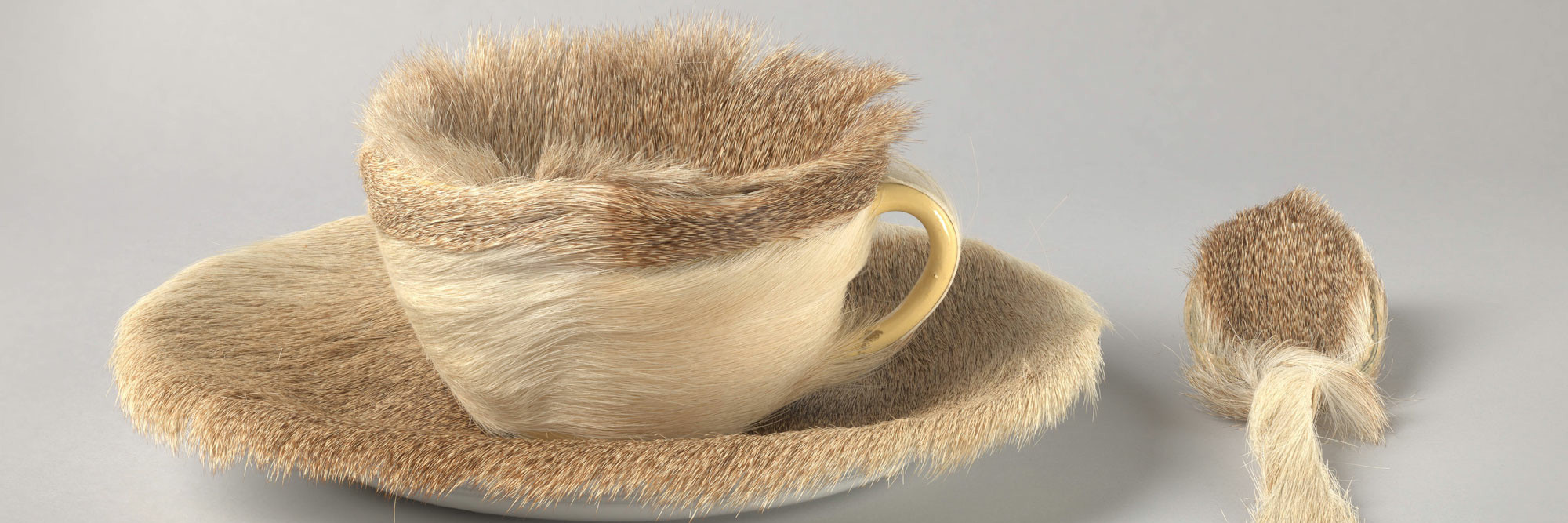 Meret Oppenheim. Object. 1936. Fur-covered cup, saucer, and spoon; cup 4 3/8" (10.9 cm) in diameter; saucer 9 3/8" (23.7 cm) in diameter; spoon 8" (20.2 cm) long, overall height 2 7/8" (7.3 cm). Purchase. © 2021 Artists Rights Society (ARS), New York/Pro Litteris, Zurich