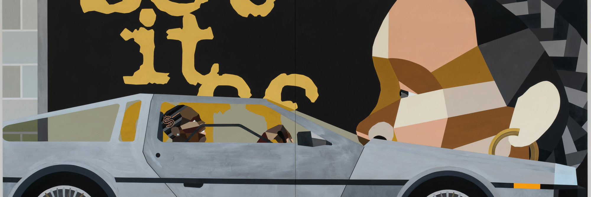 Derrick Adams. Joyride 2. 2021. Acrylic paint on wood panel, 59 5/8 × 119 3/8 × 2" (151.5 × 303.2 × 5.1 cm). Courtesy of the artist and Salon 94, New York
