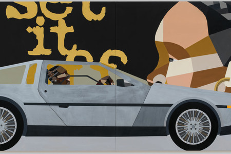 Derrick Adams. Joyride 2. 2021. Acrylic paint on wood panel, 59 5/8 × 119 3/8 × 2" (151.5 × 303.2 × 5.1 cm). Courtesy of the artist and Salon 94, New York