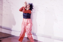 Senga Nengudi performing Air Propo at Just Above Midtown, 1981. Courtesy Senga Nengudi