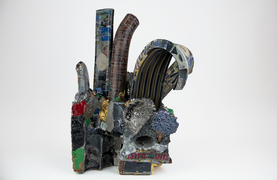 Kahlil Robert Irving. Construct-ING(MASS_withedges&amp;Chimney) ManyMEEN’INGS+/Remnants=Black. 2021. Glazed and unglazed ceramic, luster, found and personally constructed decals, 22 x 17.5 x 15" (55.9 × 44.5 × 38.1 cm). Collection the artist