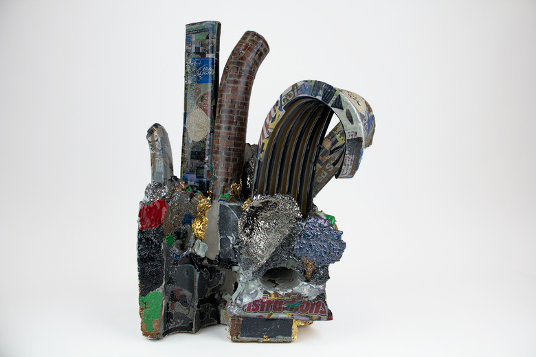 Kahlil Robert Irving. Construct-ING(MASS_withedges&amp;Chimney) ManyMEEN’INGS+/Remnants=Black. 2021. Glazed and unglazed ceramic, luster, found and personally constructed decals, 22 x 17.5 x 15" (55.9 × 44.5 × 38.1 cm). Collection the artist