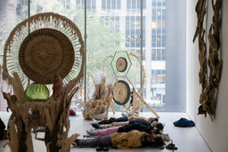 Guadalupe Maravilla: Luz y fuerza Healing Sound Baths, performed on November 3, 2021, as part of the gallery Guadalupe Maravilla: Luz y Fuerza in the exhibition Collection 1970s–present, October 30, 2021 - October 30, 2022. Performers: Guadalupe Maravilla, Hilary Ramos, and Sam Xu. Digital image © 2022 The Museum of Modern Art, New York. Photo: Julieta Cervantes