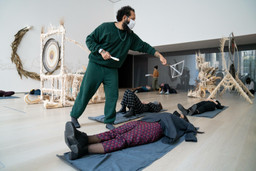 Guadalupe Maravilla: Luz y fuerza Healing Sound Baths, performed on November 3, 2021, as part of the gallery Guadalupe Maravilla: Luz y Fuerza in the exhibition Collection 1970s–present, October 30, 2021 - October 30, 2022. Performers: Guadalupe Maravilla, Hilary Ramos, and Sam Xu. Digital image © 2022 The Museum of Modern Art, New York. Photo: Julieta Cervantes