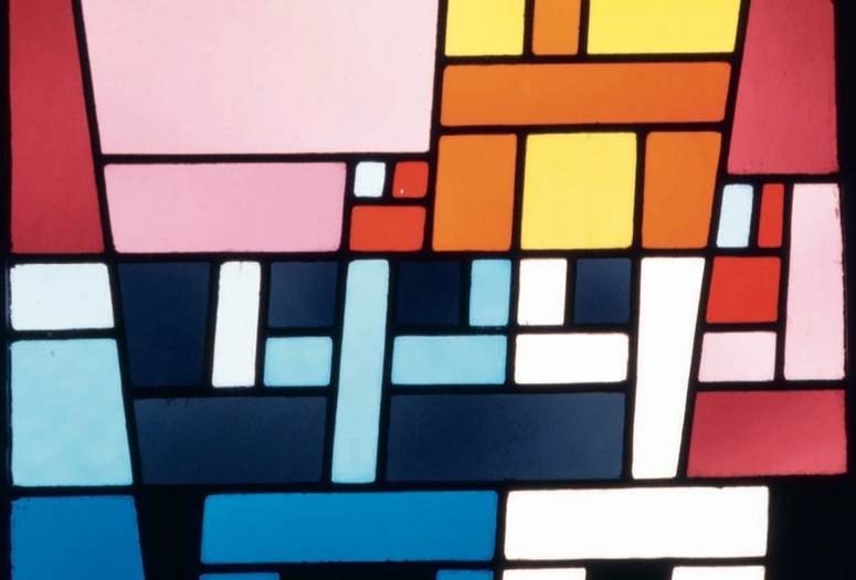 Sophie Taeuber-Arp. Off-Center Abstract Composition (stained-glass window for the apartment of André Horn, Strasbourg, France). 1928. Stained glass. 18 1/8 × 17 5/16″ (46 × 44 cm). Musée d’Art Moderne et Contemporain de Strasbourg, France. Photo Musées de Strasbourg