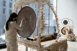 Guadalupe Maravilla: Luz y fuerza Healing Sound Baths, performed on November 3, 2021, as part of the gallery Guadalupe Maravilla: Luz y Fuerza in the exhibition Collection 1970s–present, October 30, 2021 - October 30, 2022. Performers: Guadalupe Maravilla, Hilary Ramos, and Sam Xu. Digital image © 2022 The Museum of Modern Art, New York. Photo: Julieta Cervantes