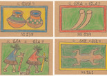 Frédéric Bruly Bouabré, Alphabet Bété. 1990–91. Four of 449 drawings. Colored pencil, pencil, and ballpoint pen on board, each: 3 7/8 × 5 7/8" (9.8 × 14.9 cm). The Museum of Modern Art, New York. The Jean Pigozzi Collection of African Art. ©️ 2022 Family of Frédéric Bruly Bouabré