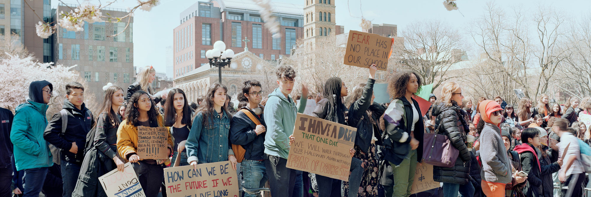 An-My Lê. High School Students Protesting Gun Violence, Washington Square Park, New York City, from the series Silent General. 2018. Inkjet print, 40 × 56 1/2" (101.6 × 143.5 cm). © 2022 An-My Lê. Image courtesy of the artist