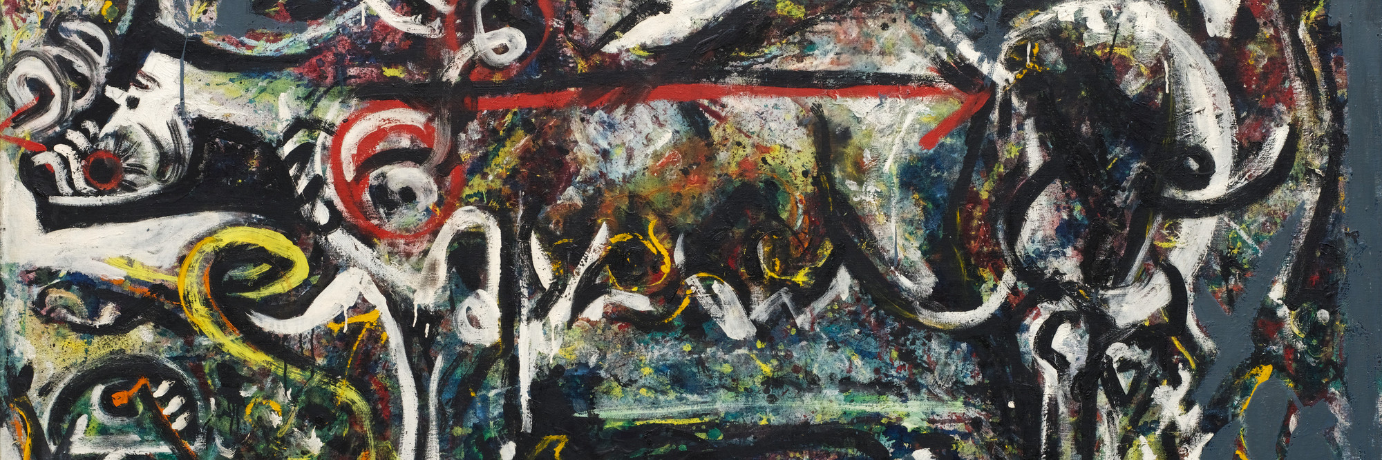 Jackson Pollock. The She-Wolf. 1943. Oil, gouache, and plaster on canvas, 41 7/8 x 67" (106.4 x 170.2 cm). Purchase, 1944. ©️ 2022 Pollock-Krasner Foundation / Artists Rights Society (ARS), New York