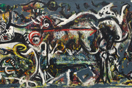 Jackson Pollock. The She-Wolf. 1943. Oil, gouache, and plaster on canvas, 41 7/8 x 67" (106.4 x 170.2 cm). Purchase, 1944. ©️ 2022 Pollock-Krasner Foundation / Artists Rights Society (ARS), New York