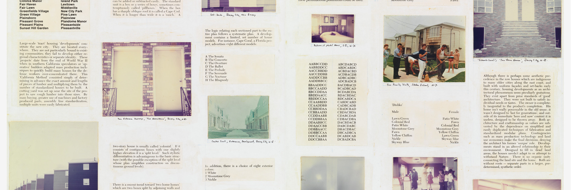 Dan Graham. Homes for America. 1966-67. Gelatin silver and chromogenic color prints, paint chip, felt-tip pen, and colored pencil on two boards, Each 39 15/16 × 33 1/4" (101.4 × 84.5 cm). Gift of Herman J. Daled
