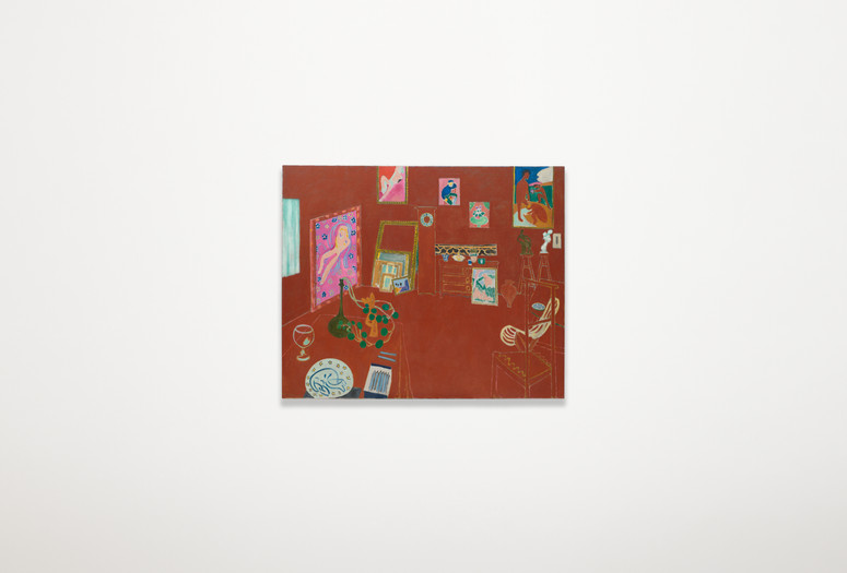Henri Matisse. The Red Studio. 1911. Oil on canvas. The Museum of Modern Art, New York. Mrs. Simon Guggenheim Fund. ©️ 2022 Succession H. Matisse/Artists Rights Society (ARS), New York Image description: A landscape-oriented painting of a room with framed artwork piled against the wall. Paintings and sculptures are displayed on tables, stools, and the walls. The entire room is painted a rusty red color, from floor to ceiling, including pieces of furniture and a grandfather clock in the center of the space.