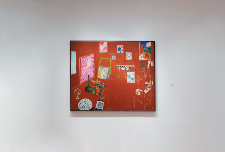 Henri Matisse. The Red Studio. Issy-les-Moulineaux, fall 1911. Oil on canvas, 71 1/4” × 7’ 2 1/4” (181 × 219.1 cm). Mrs. Simon Guggenheim Fund. © 2021 Succession H. Matisse/Artists Rights Society (ARS), New York