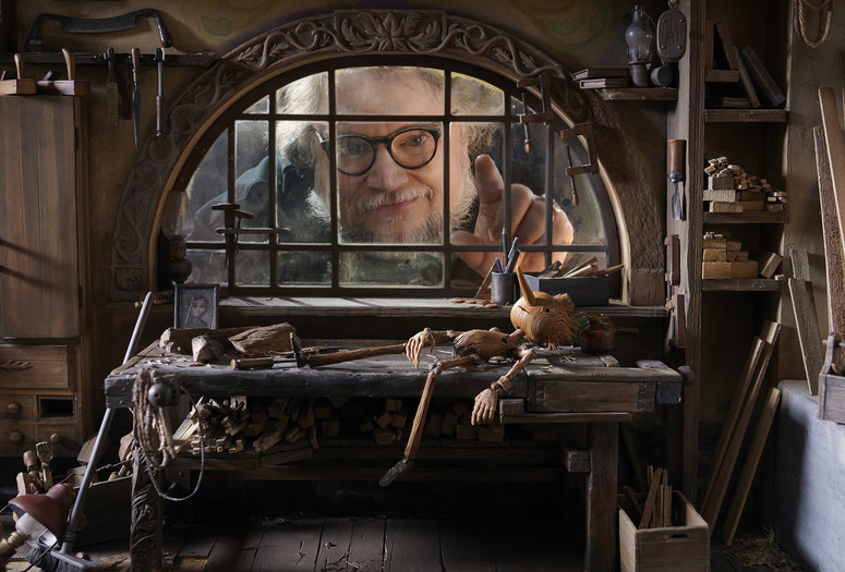Guillermo del Toro on the set of Guillermo del Toro’s Pinocchio, 2022. Image courtesy Jason Schmidt/Netflix.