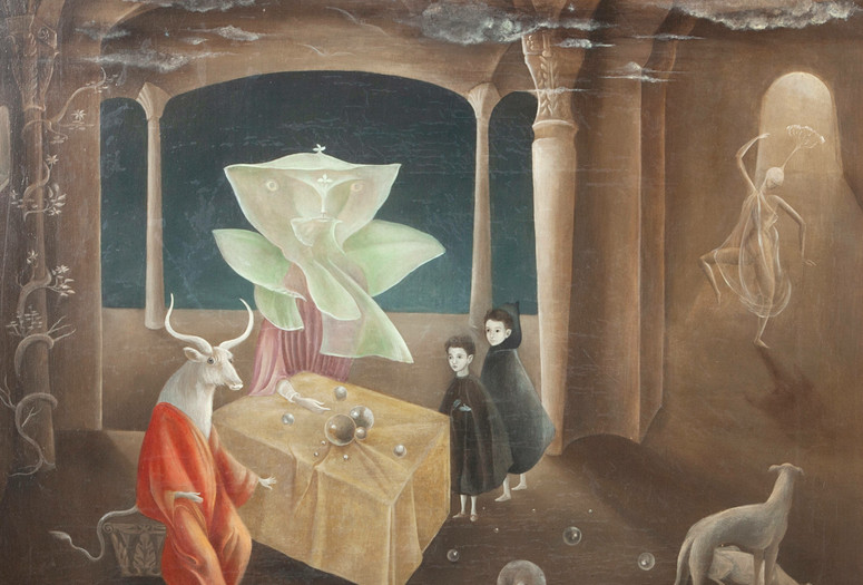 Leonora Carrington. And Then We Saw the Daughter of the Minotaur. 1953. Oil on canvas. Gift of Joan H. Tisch (by exchange). ©️ 2022 Leonora Carrington/Artists Rights Society (ARS), New York Image description: A horizontally oriented painting of a group of figures in a mysterious place, with vine-wrapped columns and clouds floating amid the arched ceiling. A white horned beast in a red robe sits at a table with two black-cloaked children and an iridescent ethereal being, all staring at silver gazing balls that sit on a golden tablecloth. A red rose lies on the ground below, and to the right are two white dogs, one sprawled on the ground and the other looking toward the back of the room, where a ghostly figure dances in the light of an open doorway.
