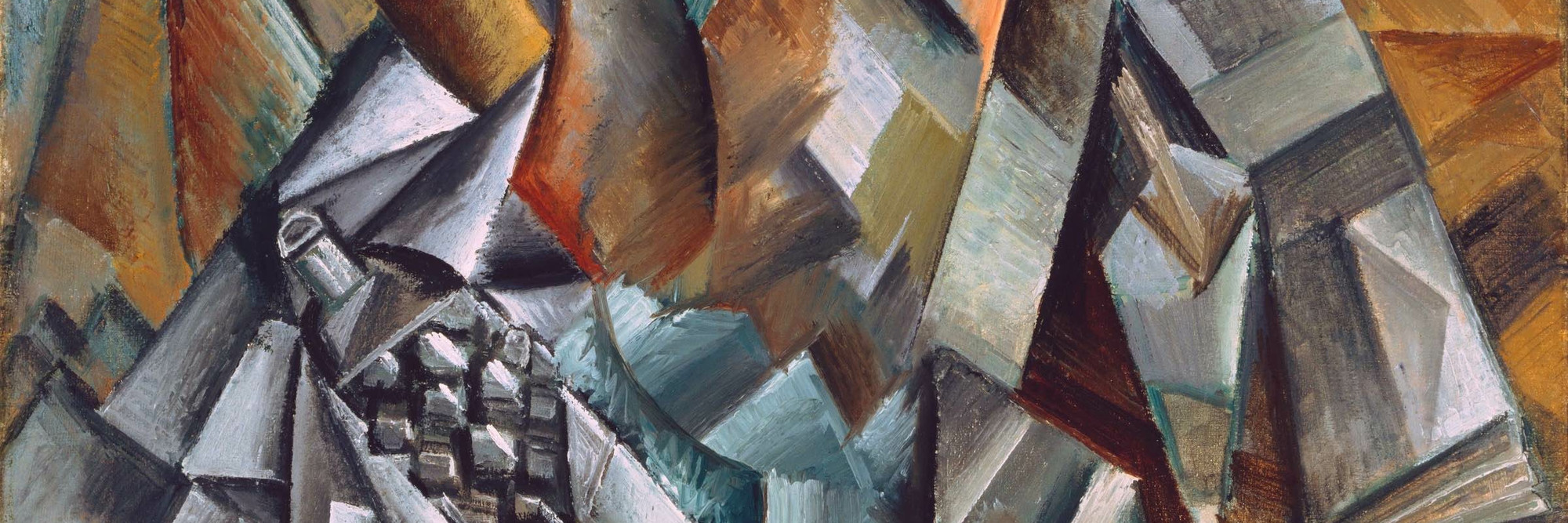 Pablo Picasso. Still Life with Liqueur Bottle. Horta de San Joan, August 1909. Oil on canvas, 32 1/8 x 25 3/4" (81.6 x 65.4 cm). Mrs. Simon Guggenheim Fund. © 2022 Estate of Pablo Picasso / Artists Rights Society (ARS), New York