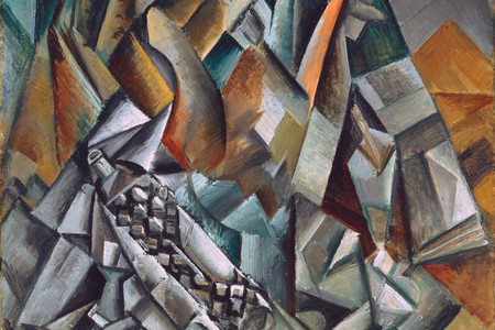Pablo Picasso. Still Life with Liqueur Bottle. Horta de San Joan, August 1909. Oil on canvas, 32 1/8 x 25 3/4" (81.6 x 65.4 cm). Mrs. Simon Guggenheim Fund. © 2022 Estate of Pablo Picasso / Artists Rights Society (ARS), New York