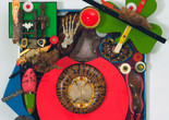 Alfonso Ossorio. Empty Chair or The Last Colonial (detail). 1969. Glass and plastic marbles, West African wood figures, tree fragments, pebbles, geode, iron nails, coral, seashells, wood shoe trees, lobster claws, sword, painted human foot bones and vertebra, faux pearls, plastic and wooden letters, plastic sheets and scraps, wood scraps, painted wood, animal claws and bones, domino, glass eyes, bell, and other materials on plastic sheets mounted on wood, 46 3/8 × 39 1/4 × 15 7/8" (117.7 × 99.7 × 40.3 cm). Gift of the artist