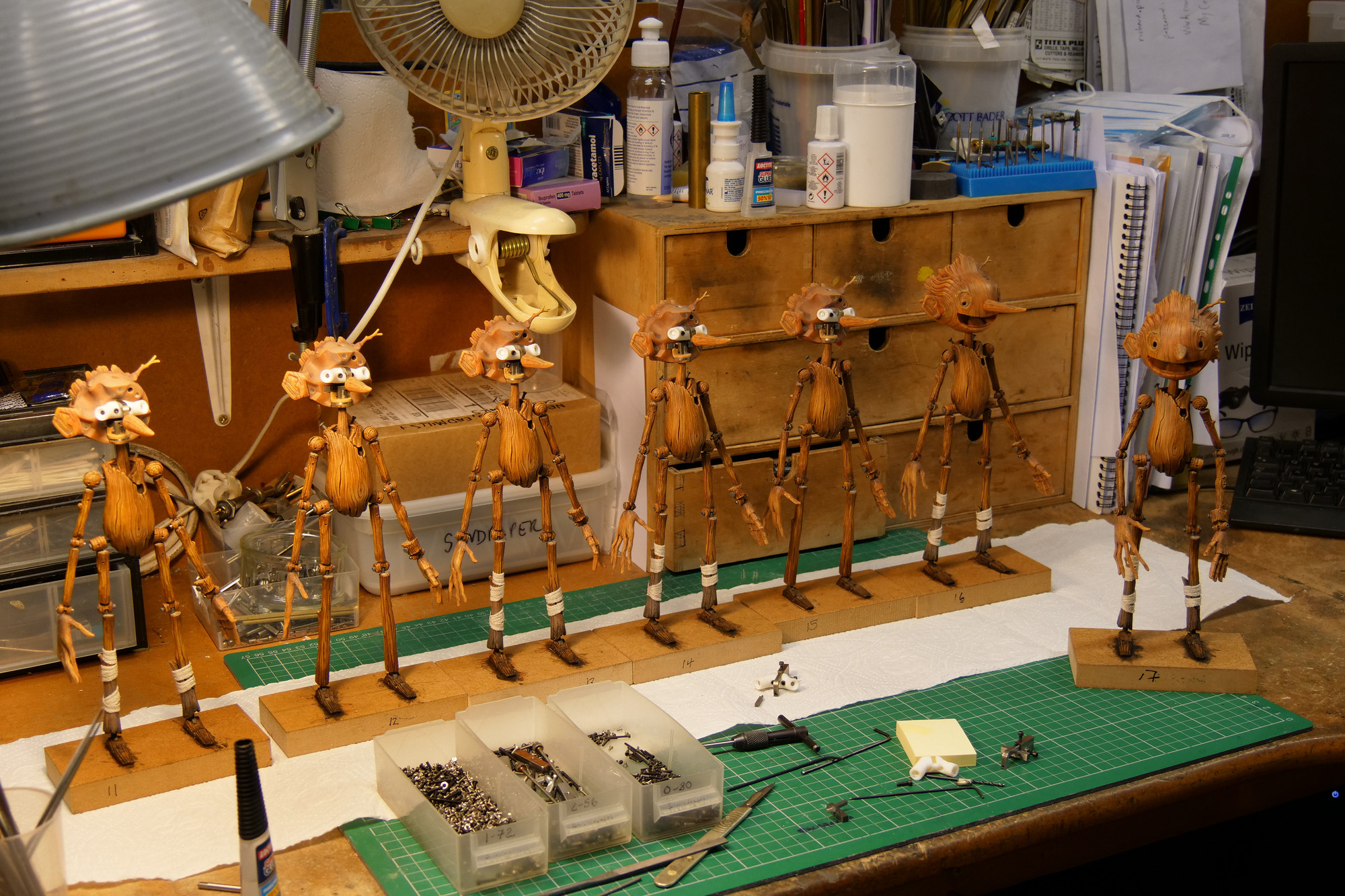 Mackinnon & Saunders. Inprogress Pinocchio Production Puppets at the ShadowMachine workshop. *Guillermo del Toro’s Pinocchio*, 2022. Image courtesy Netflix