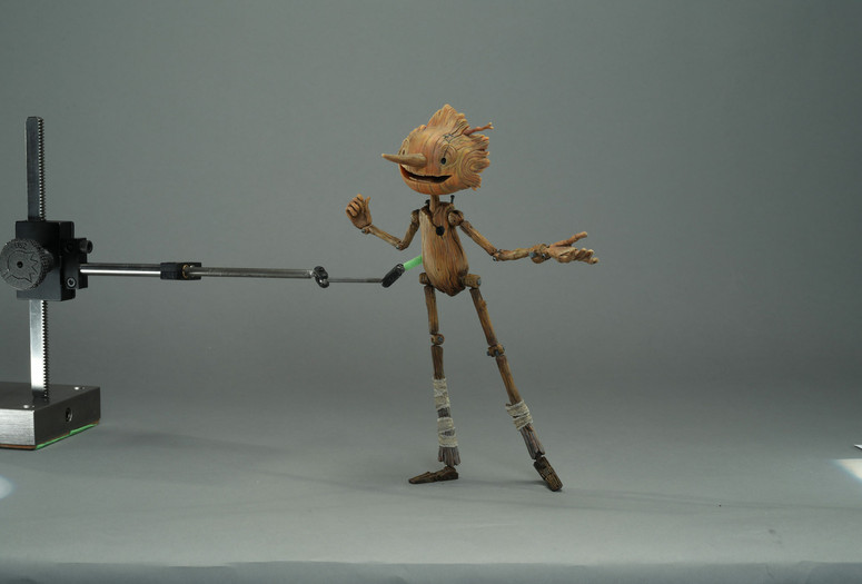 Mackinnon &amp; Saunders. Pinocchio production puppets with rigging. 2019–20. 3D-printed resin, 3D-printed steel, steel, silicone, fabric, and paint, 4 × 3 × 9.5" (10.2 × 7.6 × 24.1 cm). From Guillermo del Toro’s Pinocchio, 2022. Image courtesy Netflix