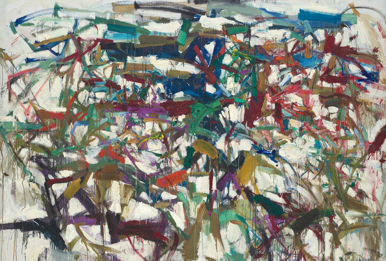 Joan Mitchell. Ladybug. 1957. Oil on canvas. The Museum of Modern Art, New York. Purchase. ©️ Estate of Joan Mitchell Image Description: A horizontally oriented painting with large broad brushstrokes of overlapping marks covering the whole canvas. Some of the paint drips down the canvas, and other areas of the painting feature big globs of paint. The paint colors include both muted and bright tones of blues, greens, reds, ochres, purples, and white.
