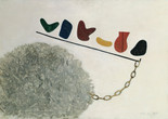 Meret Oppenheim. Quick, Quick, the Most Beautiful Vowel Is Voiding, M.E. by M.O. (Husch-husch, der schönste Vokal entleert sich, M.E. par M.O.). 1934. Oil on canvas, 17 15/16 × 25 5/8" (45.5 × 65 cm). Bürgi Collection, Bern. ©️ 2023 Artists Rights Society (ARS), New York/Pro Litteris, Zurich