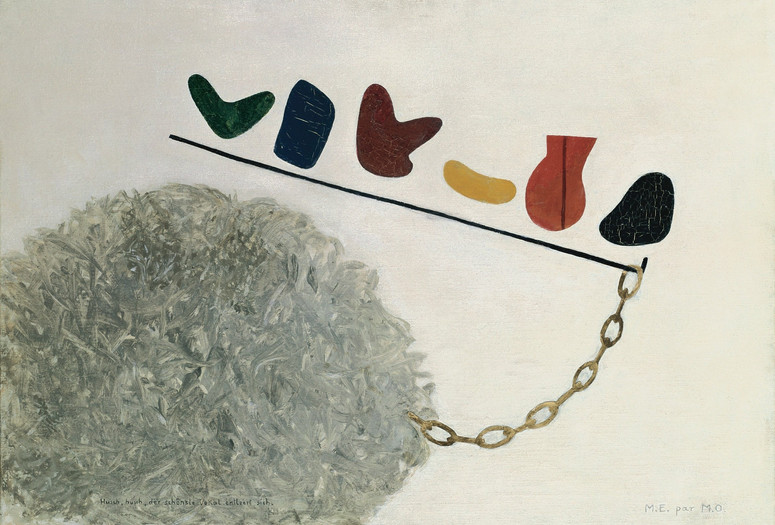 Meret Oppenheim. Quick, Quick, the Most Beautiful Vowel Is Voiding, M.E. by M.O. (Husch-husch, der schönste Vokal entleert sich, M.E. par M.O.). 1934. Oil on canvas, 17 15/16 × 25 5/8" (45.5 × 65 cm). Bürgi Collection, Bern. ©️ 2023 Artists Rights Society (ARS), New York/Pro Litteris, Zurich