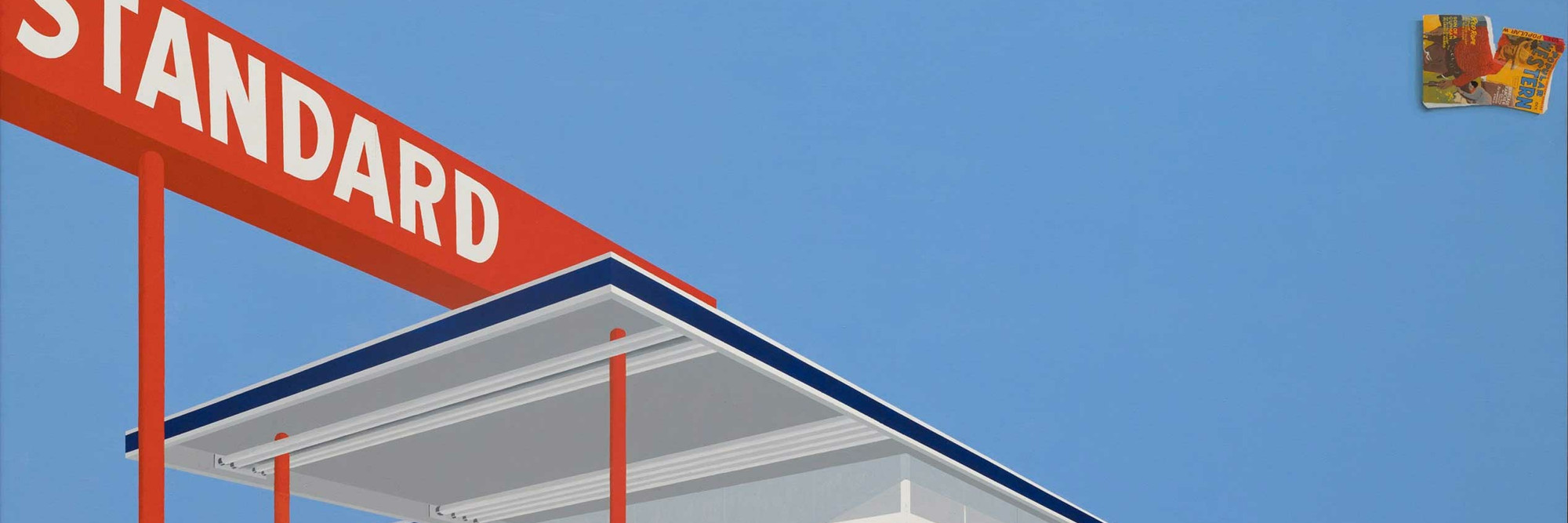 Ed Ruscha. Standard Station, Ten-Cent Western Being Torn in Half. 1964. Oil on canvas, 65 × 121 1/2" (165.1 × 308.6 cm). Private collection. © Edward Ruscha. Photo © Evie Marie Bishop, courtesy of the Modern Art Museum of Fort Worth