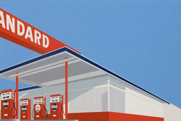 Ed Ruscha. Standard Station, Ten-Cent Western Being Torn in Half. 1964. Oil on canvas, 65 × 121 1/2" (165.1 × 308.6 cm). Private collection. © Edward Ruscha. Photo © Evie Marie Bishop, courtesy of the Modern Art Museum of Fort Worth