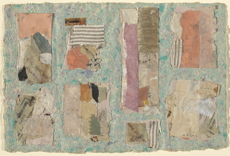 Anne Ryan. Number 495. 1951. Cut-and-pasted colored and printed paper and cloth on colored paper. The Museum of Modern Art, New York. Gift of Elizabeth McFadden Image description: A horizontally oriented mixed-media collage with layered torn-and-cut papers and cloth pasted to a speckled blue and pink handmade paper background