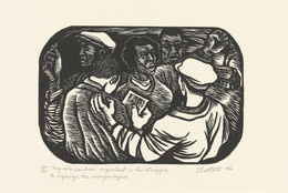 Elizabeth Catlett. My Role Has Been Important in the Struggle to Organize the Unorganized from the series The Black Woman. 1946, printed 1989. Linoleum cut from a series of 14 linoleum cuts, image: 6 × 9" (15.2 × 22.9 cm); sheet: 11 × 15" (27.9 × 38.1 cm). Acquired through the generosity of Erin and Peter Hess Friedland, and Modern Women’s Fund. © 2023 Elizabeth Catlett/Artists Rights Society (ARS), New York