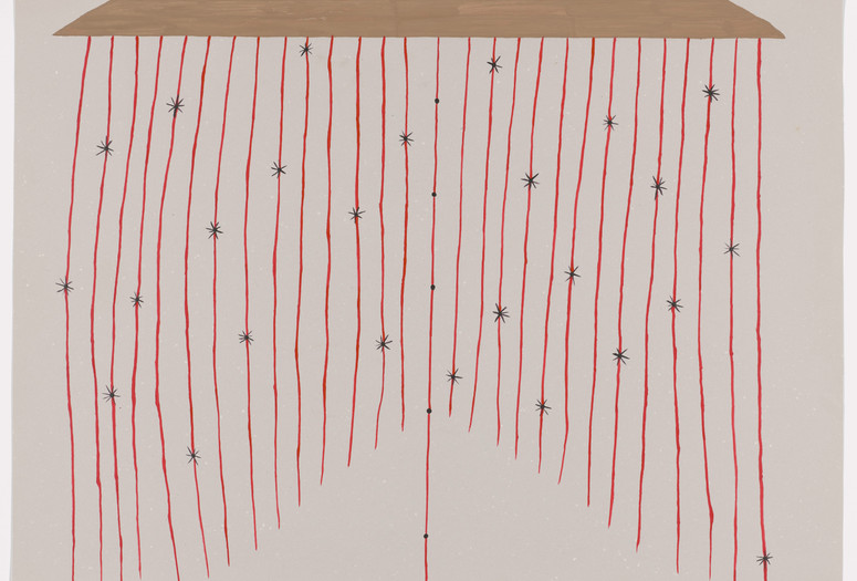 Image Credit: Sheroanawe Hakihiiwe. Stinging Vine (Shihitima thothope). 2020. Acrylic on colored paper. The Museum of Modern Art, New York. Gift of Adriana Cisneros de Griffin in honor of Patricia Phelps de Cisneros through the Latin American and Caribbean Fund Image Description: A horizontally-oriented painting on light gray paper. A curtain of thin red lines stream down the page, anchored at the top from a tan painted rectangle. Black line-drawn stars are scattered on top of the red lines, and a center red line features 5 small black dots spaced along it to the bottom of the page.