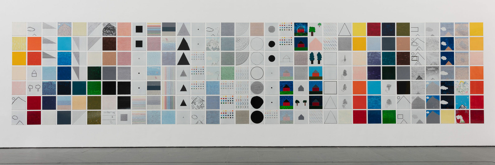 Jennifer Bartlett. Rhapsody (detail). 1975–76. Enamel on steel, 987 plates, each plate 12 × 12" (30.4 × 30.4 cm); overall approximately 7' 6" × 153' (228.6 × 4663.4 cm). The Museum of Modern Art, New York. Gift of Edward R. Broida. © 2023 Jennifer Bartlett. Photograph: John Wronn