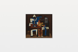 Pablo Picasso. Three Musicians. Fontainebleau, summer 1921. Oil on canvas, 6' 7" × 7' 3 3/4" (200.7 × 222.9 cm). Mrs. Simon Guggenheim Fund. © 2022 Estate of Pablo Picasso/Artists Rights Society (ARS), New York