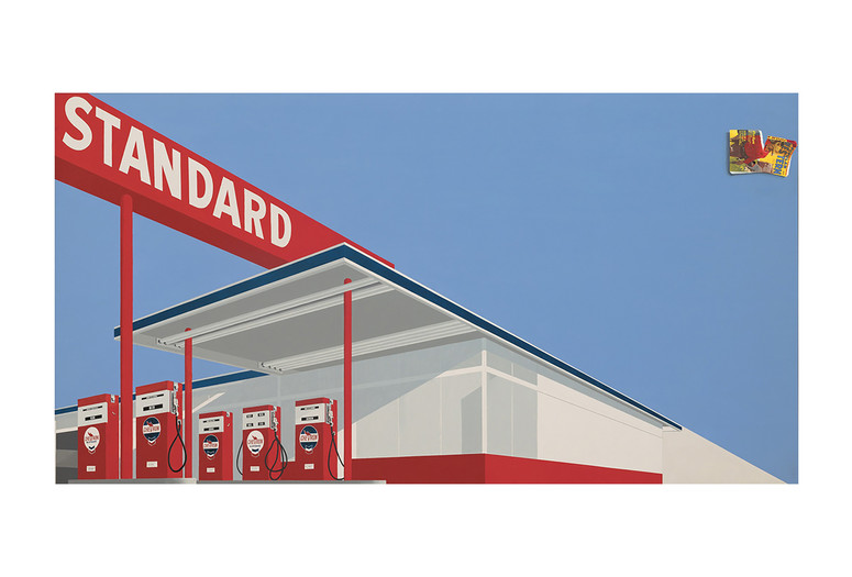 Ed Ruscha. Standard Station, Ten-Cent Western Being Torn in Half. 1964. Oil on canvas. Private collection, Fort Worth. © Edward Ruscha. Photo © Evie Marie Bishop, courtesy of the Modern Art Museum of Fort Worth