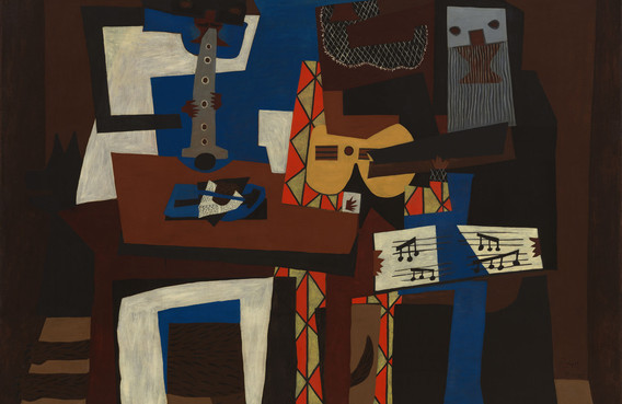 Pablo Picasso. Three Musicians. 1921. Oil on canvas, 6' 7" x 7' 3 3/4" (200.7 x 222.9 cm). The Museum of Modern Art, New York. Mrs. Simon Guggenheim Fund. © 2023 Estate of Pablo Picasso / Artists Rights Society (ARS), New York