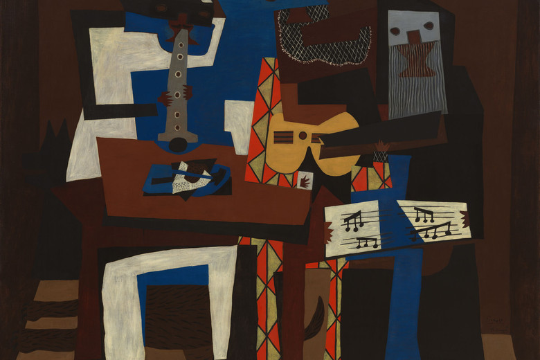 Pablo Picasso. Three Musicians. 1921. Oil on canvas, 6' 7" x 7' 3 3/4" (200.7 x 222.9 cm). The Museum of Modern Art, New York. Mrs. Simon Guggenheim Fund. © 2023 Estate of Pablo Picasso / Artists Rights Society (ARS), New York