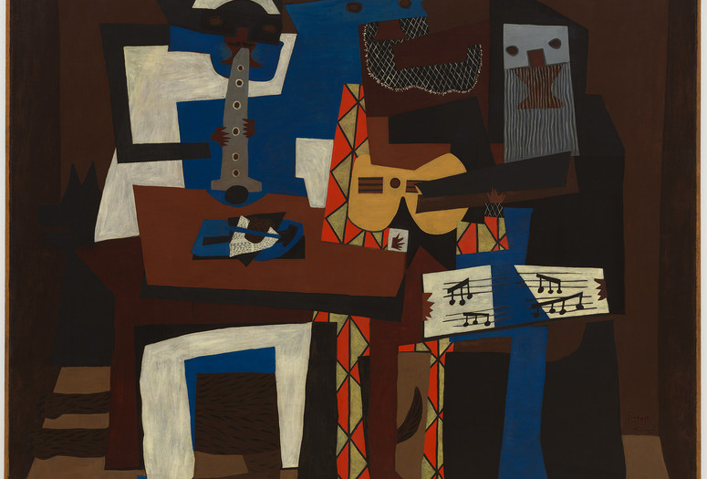 Pablo Picasso. Three Musicians. Fontainebleau, summer 1921. Oil on canvas. The Museum of Modern Art, New York. Mrs. Simon Guggenheim Fund. © 2023 Estate of Pablo Picasso/Artists Rights Society (ARS), New York