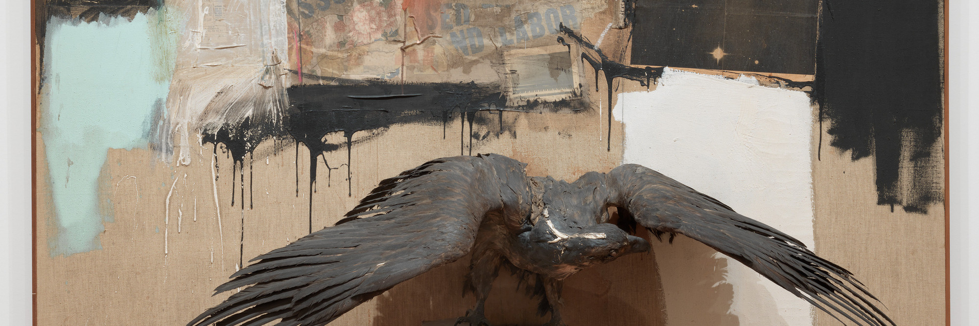 Robert Rauschenberg. Canyon. 1959. Oil, pencil, paper, metal, photograph, fabric, wood, canvas, buttons, mirror, taxidermied eagle, cardboard, pillow, paint tube and other materials, 81 3/4 × 70 × 24" (207.6 × 177.8 × 61 cm). The Museum of Modern Art, New York. Gift of the family of Ileana Sonnabend. © 2023 Robert Rauschenberg Foundation